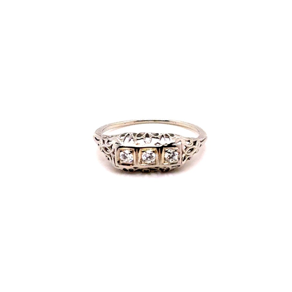 Vintage 14k White Gold 3 Stone Diamond Filigree Ring Thin Band 1.7g Size 7